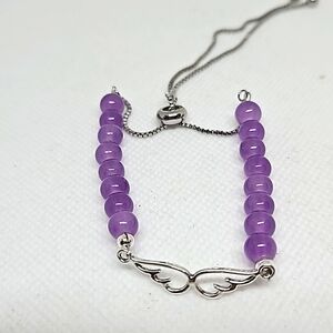 Unique Hand Crafted Slide Bracelet.  Angel Wing Decoration, Purple Stone Beads.
